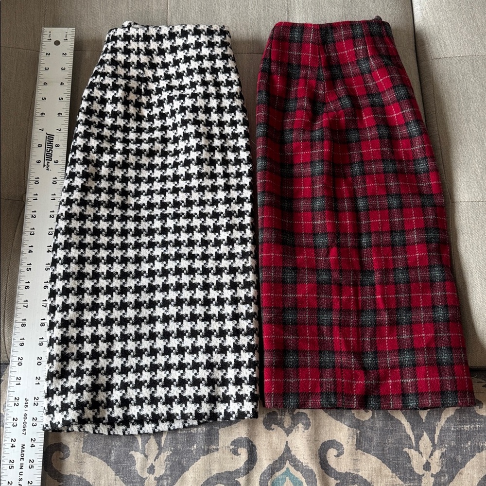 Beautiful vintage houndstooth and red plaid wool skirt bundle